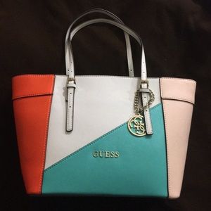 New Guess Turquoise Multi Color Delaney Tote Bag